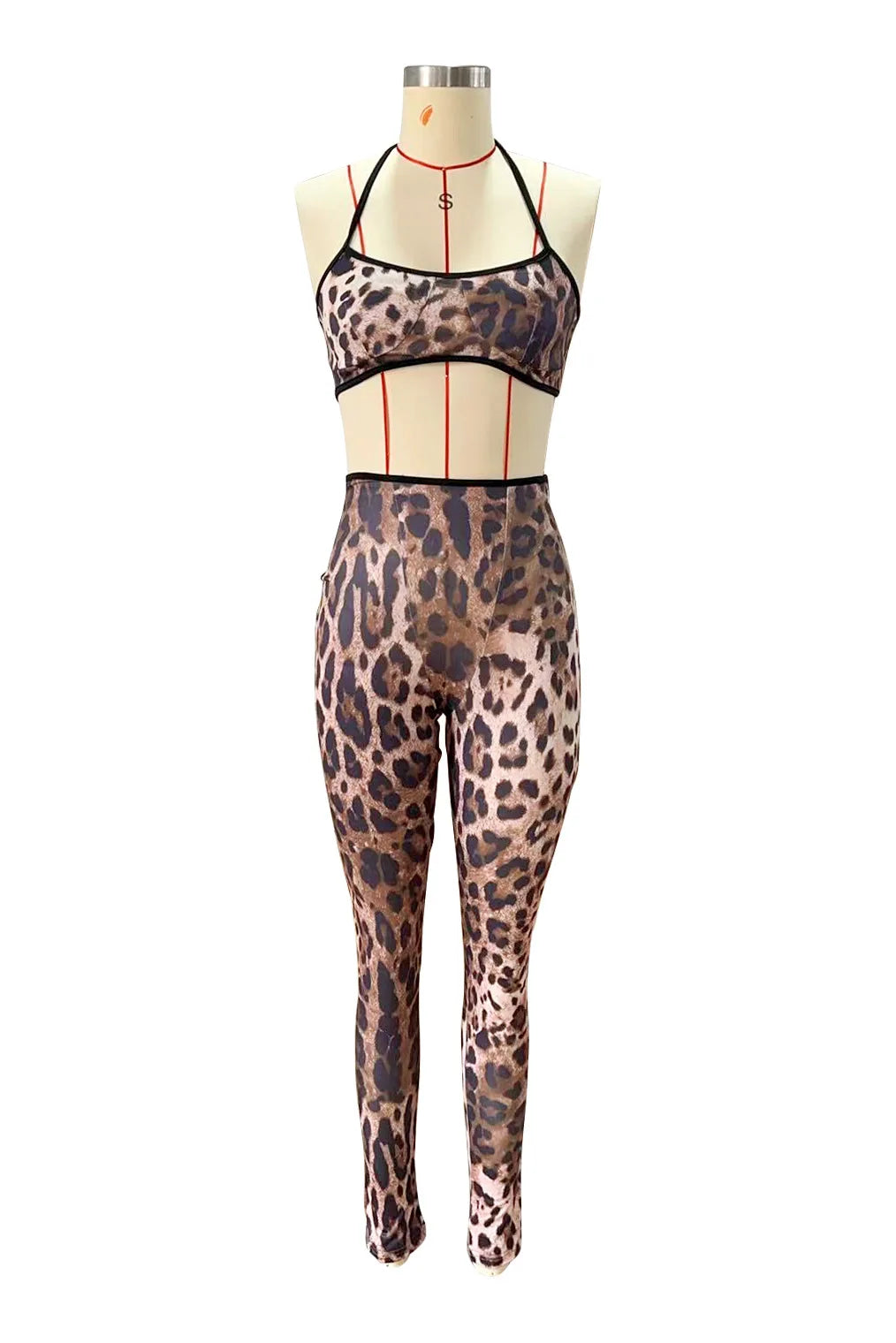 Maniwaki Leopard Printed Strap Sleeve Crop Set Outfit Tracksuit