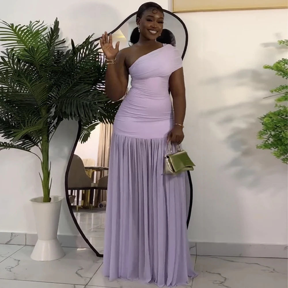Elegant Skew Neck One Sleeve Off Shoulder Mesh Slit Long Maxi Dresses