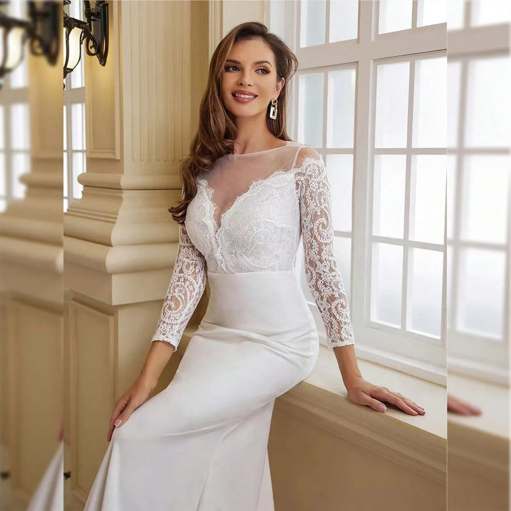Georgia Plus Size Long Sleeve Lace Train White Wedding Banquet Gown