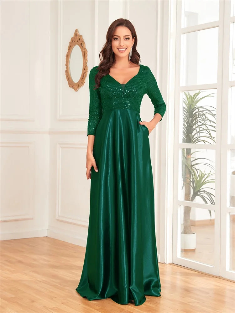 Egipt Elegant Sequins Long sleeves Evening Luxury Deep V Neck Satin Dress