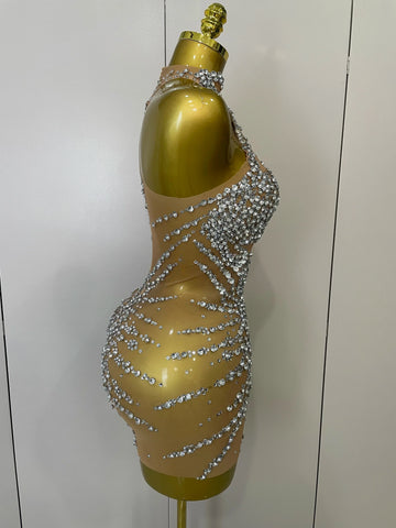 Elmira Rhinestones Sexy Mesh See Through Dress Party Evening Dress