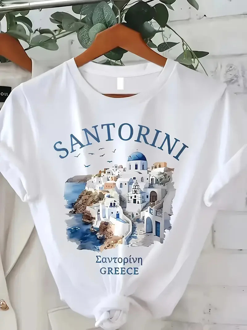 Santorini Printed Round Neck T-Shirt Print Sleeve Printed T Shirt