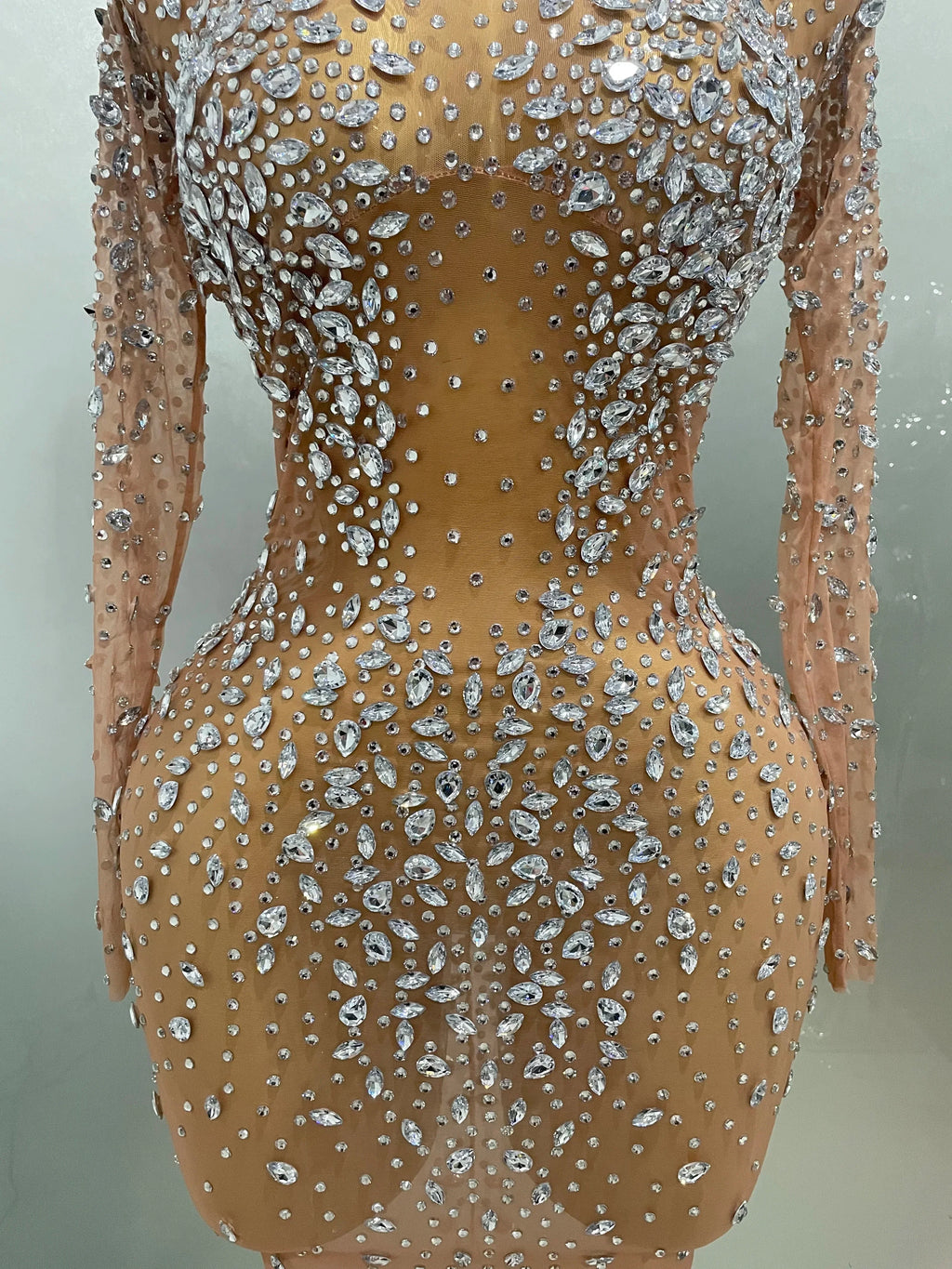 Cumberland Shinny Rhinestone Stretch Mesh Transparent Long Dress