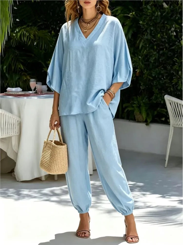 Bianca Loose Batwing Sleeve V Neck Two Piece Sets