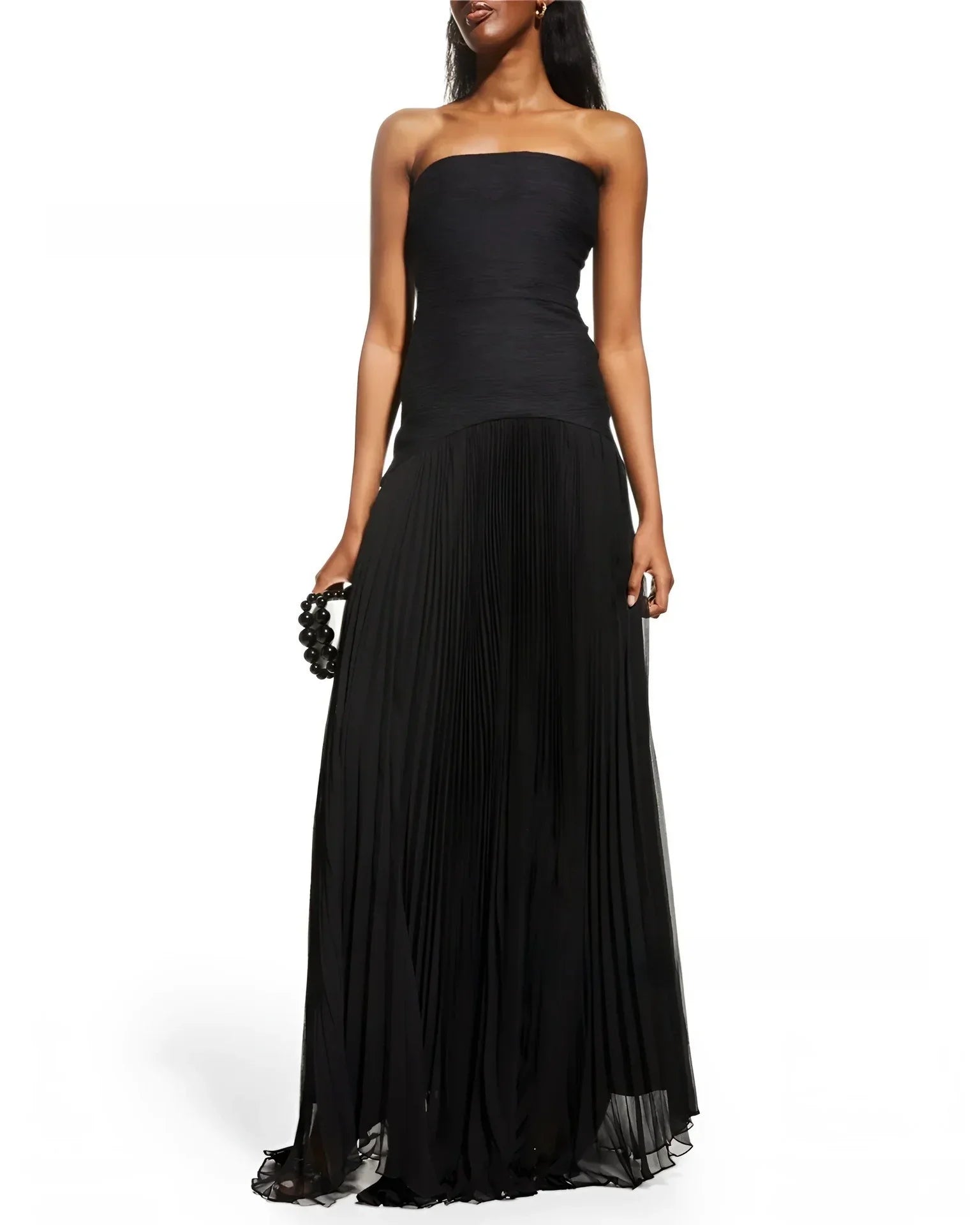 Bolair Strapl Pleated Dr Ribbed Fabric Long Elastic Waist Gored Dress