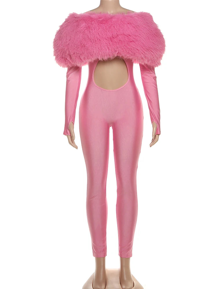 Branford Furry Slash Neck Hipster Patchwork Trend Sexy Hollow Stretch Jumpsuits