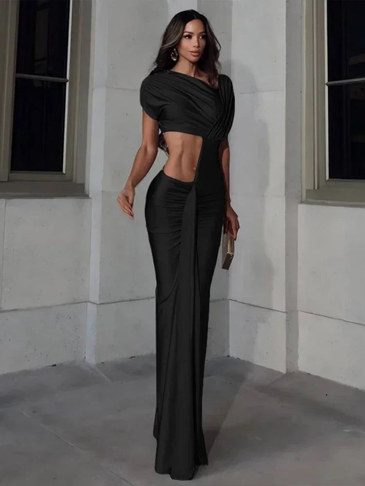 Adams Irregular Hollow Ruched Diagonal Collar Shorts Sleeve Waistless Slits Street Dress