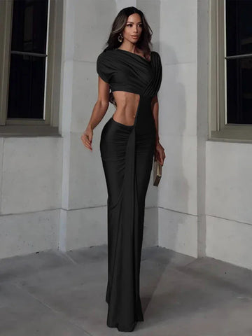 Adams Irregular Hollow Ruched Diagonal Collar Shorts Sleeve Waistless Slits Street Dress