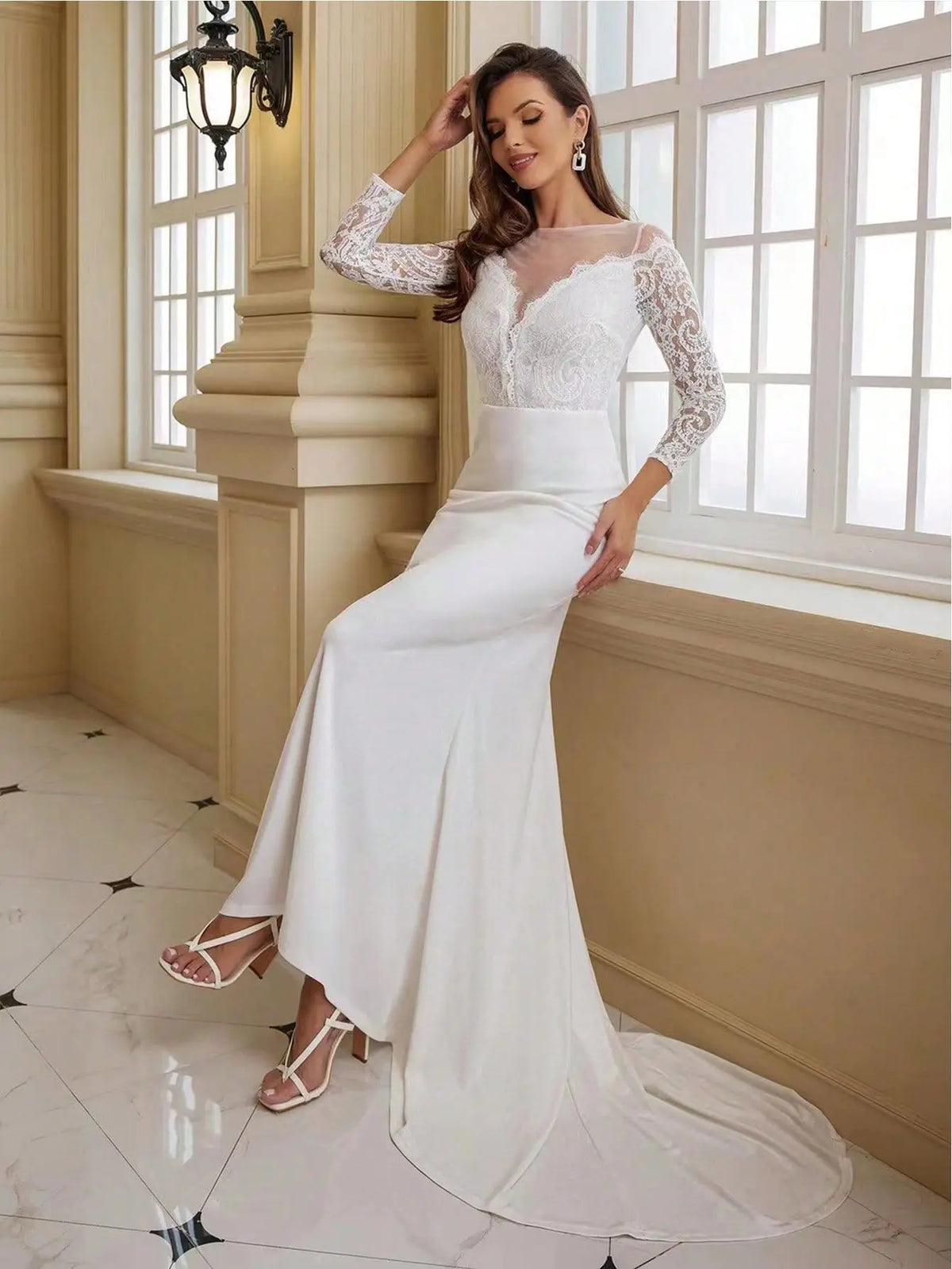 Georgia Plus Size Long Sleeve Lace Train White Wedding Banquet Gown