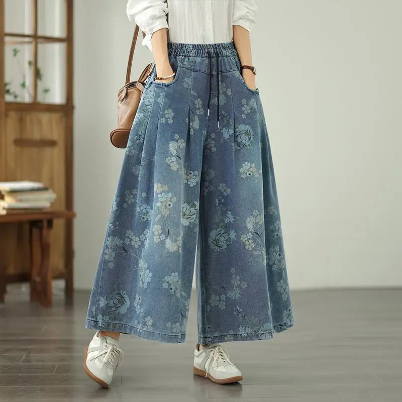 Printed Jeans For Women 2025 Autumn Vintage Extended Elastic Waist