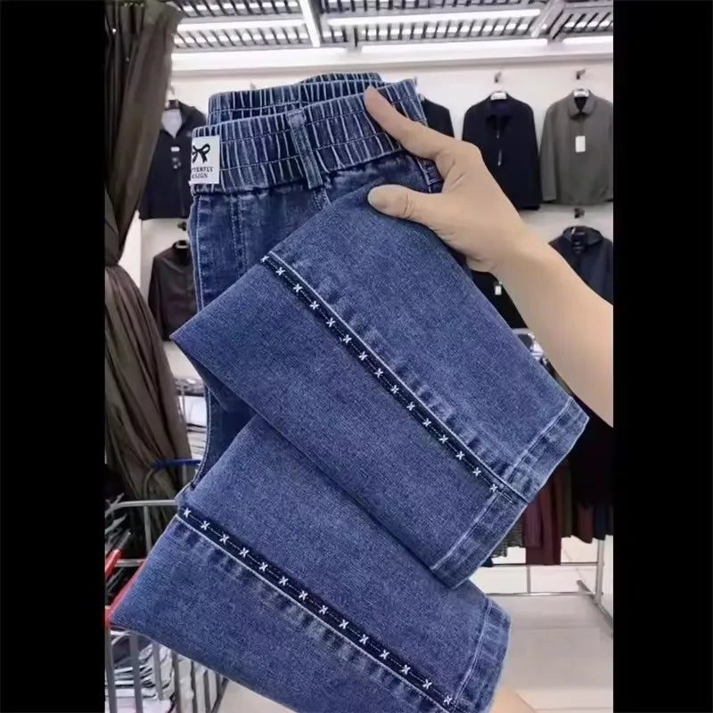 Fashion Women Jeans 2025 New Spring Autumn Korean Wild Elastic Waist Straight Denim