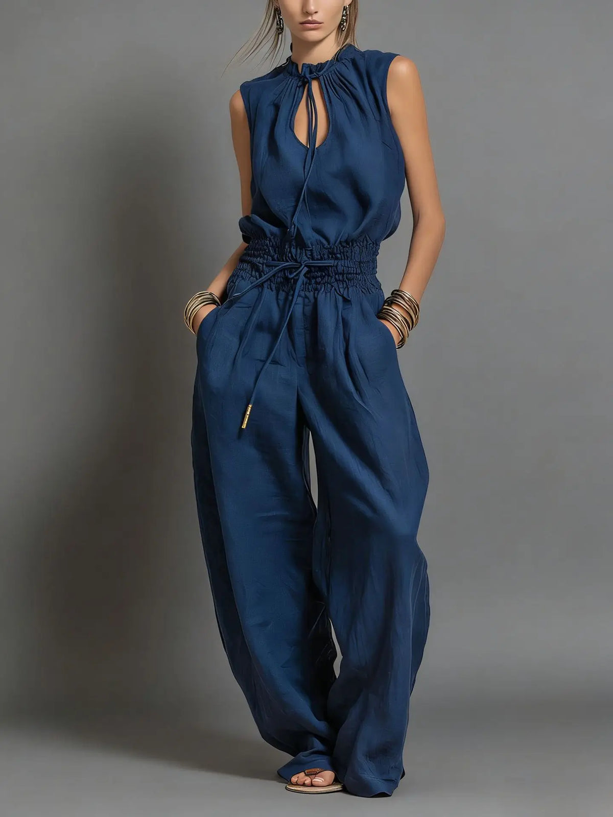 Summer Jumpsuits for Woman Wide Leg Sleeveless Lace Up Jumpsuit High