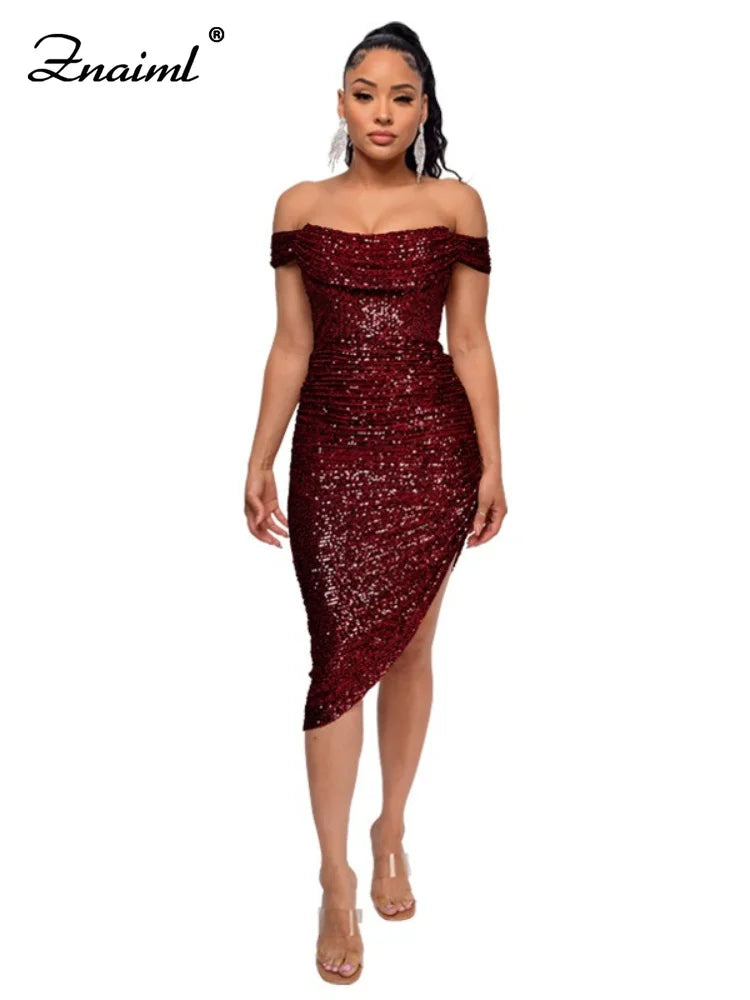 Virginia One Shoulder Bodycon Sparkly High Slit Midi Dresses