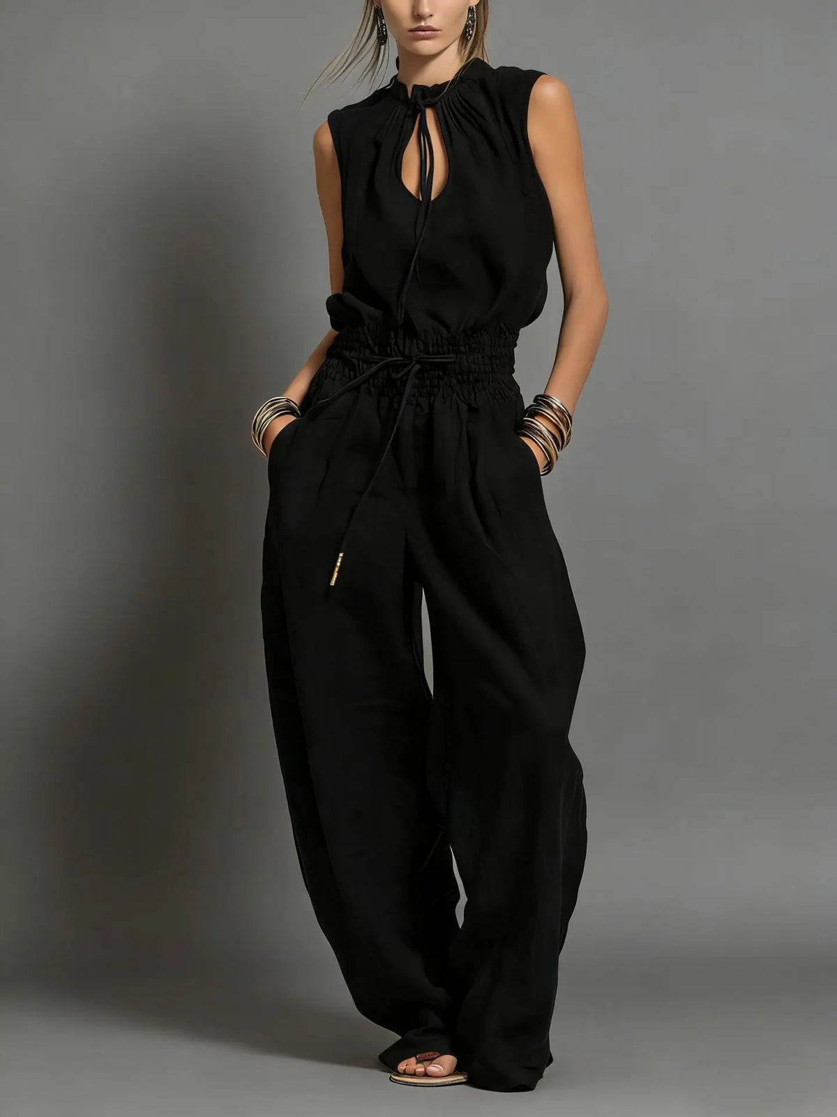 Summer Jumpsuits for Woman Wide Leg Sleeveless Lace Up Jumpsuit High