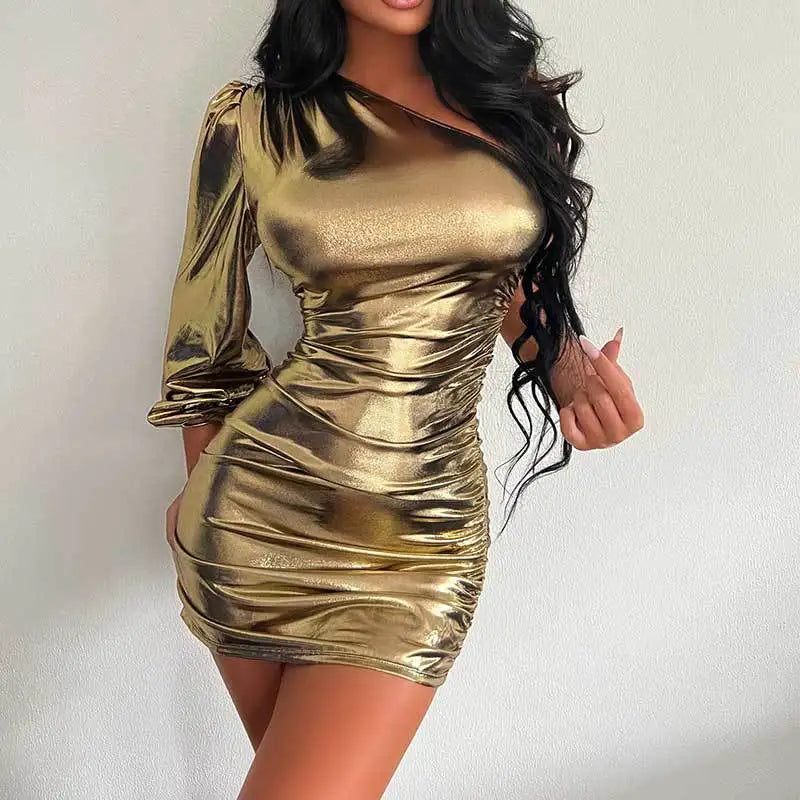 Highland Falls Metallic Gold One-shoulder Club Party Long Sleeve Ruched Bodycon Mini Dress