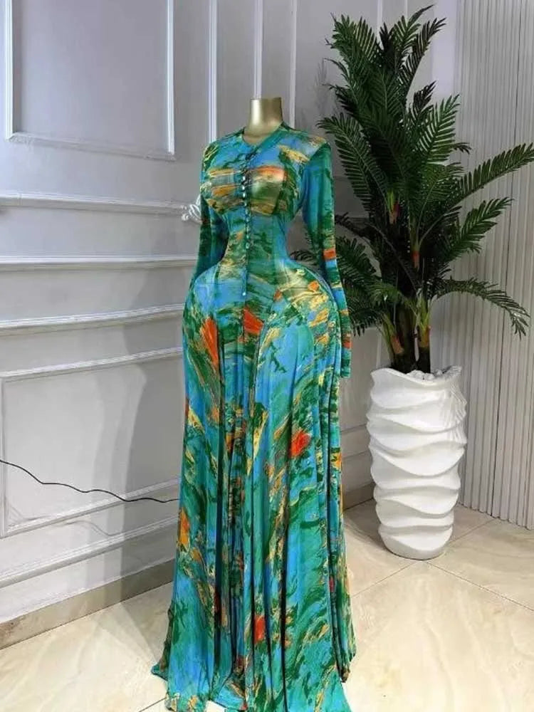 Curvy Women Round Neck Waist Slimming Floral Print Elegant Green Party Dress