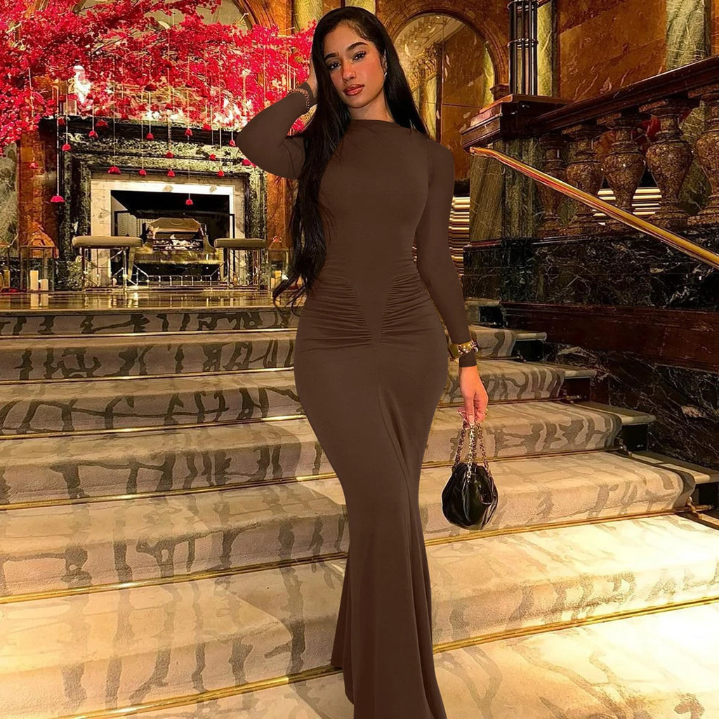 Shore Beach Solid Long Sleeve Draped Sexy Bodycon Maxi Party Dress