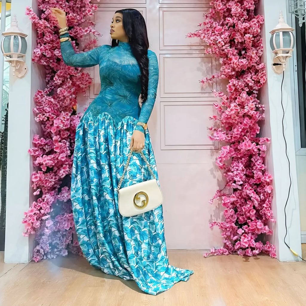 Passaic O Neck Fashion Long Sleeve Flower Printed Maxi Dress