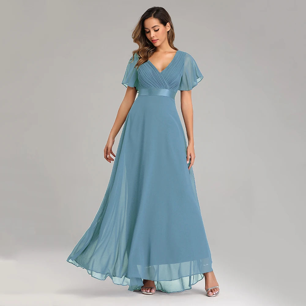 Kerney Elegant V Neck Ruffles Chiffon Formal Evening Gown Dress