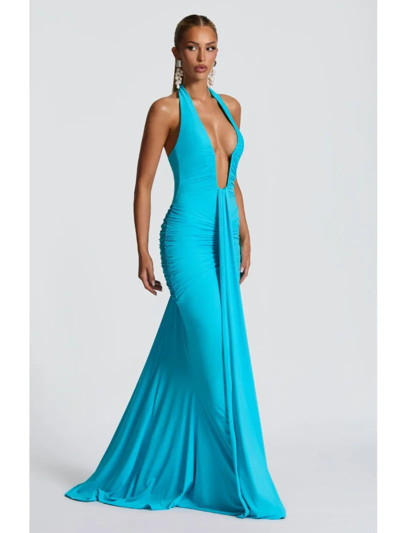 Deep V Neck Draped Ruched Sexy Halter Sleeveless Backless Club Party Long Dress