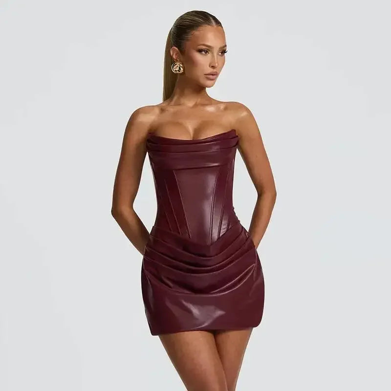 Ronkonkoma PU Pleated Sleeveless Strapless Pleated Party Dress