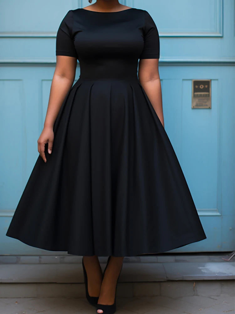 Maine Plus Size Casual Pleated A-Line Basic Round Neck Long Dress