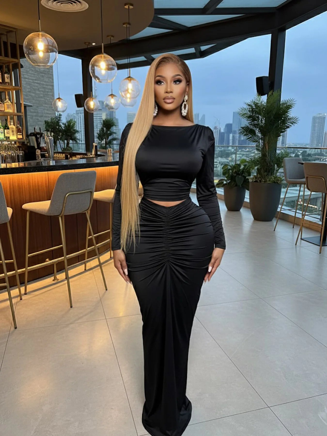 Mohegan Ruched Patchwork Bodycon Solid Color Hollow-out Long Sleeves Dress