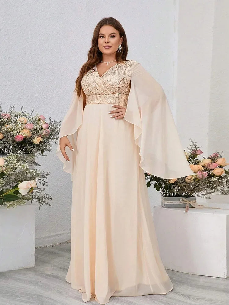 Athena Plus Size V Neck  Sequin Loose Long Ruffled Chiffon Maxi Dress