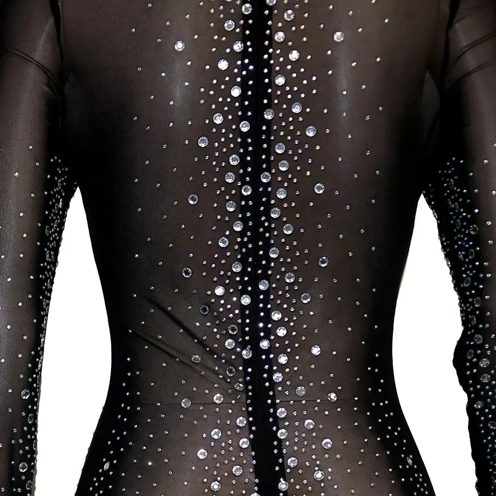 Union Square Fashion Sexy Mesh Perspective Hot Drill Long Sleeve Jumpsuit