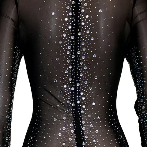 Union Square Fashion Sexy Mesh Perspective Hot Drill Long Sleeve Jumpsuit