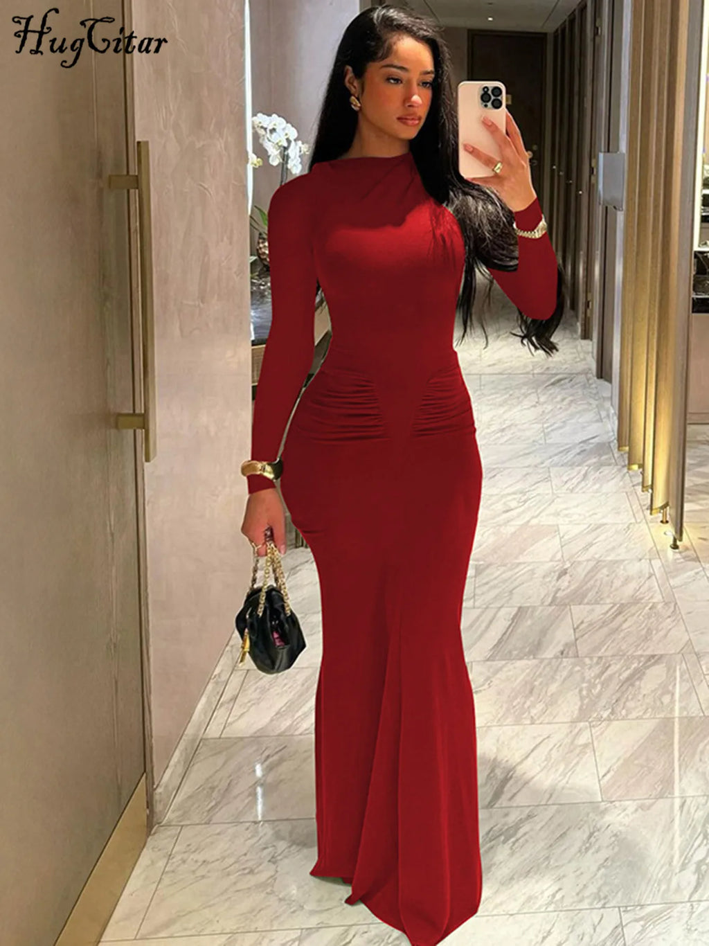 Shore Beach Solid Long Sleeve Draped Sexy Bodycon Maxi Party Dress