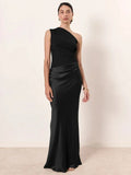 Roselle Satin Inclined Shoulder Sexy Fashion Patchwork Backless Bodycon Maxi Dress