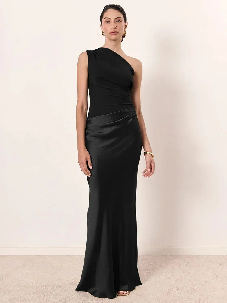 Roselle Satin Inclined Shoulder Sexy Fashion Patchwork Backless Bodycon Maxi Dress