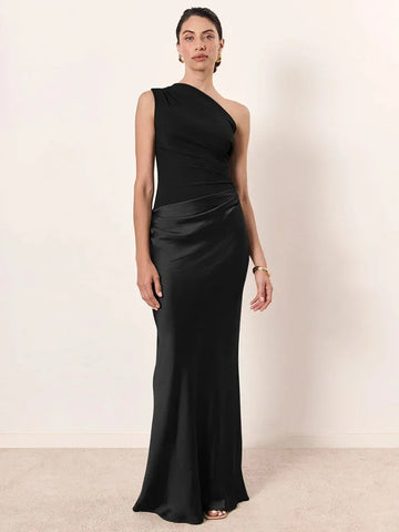 Roselle Satin Inclined Shoulder Sexy Fashion Patchwork Backless Bodycon Maxi Dress