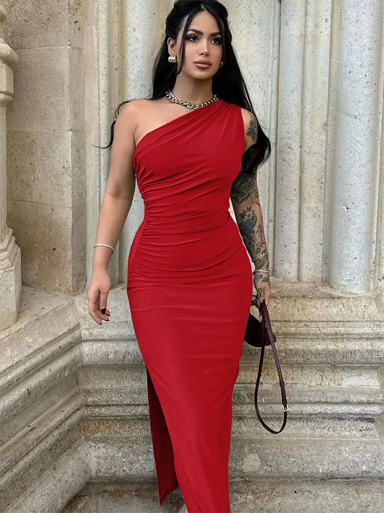Maxi Sexy Split Black Sleeveless Backless Slim Off Shoulder Club Elegant Party Dresses