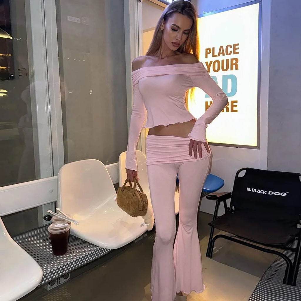 Paola Off Shoulder Solid Slim Casual Outfit Two Piece Sets
