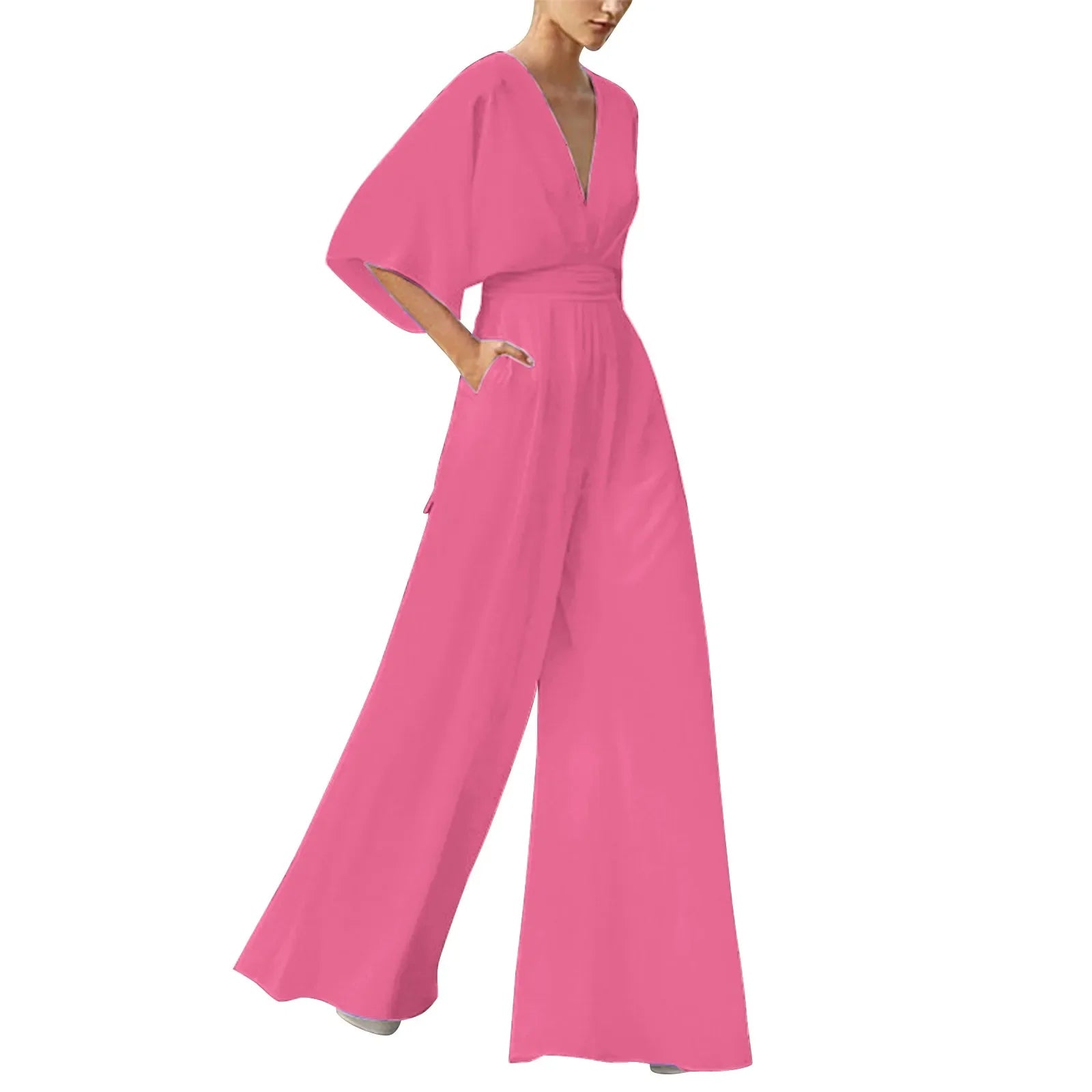 Deep V-Neck Half Solid Casual One-Piece