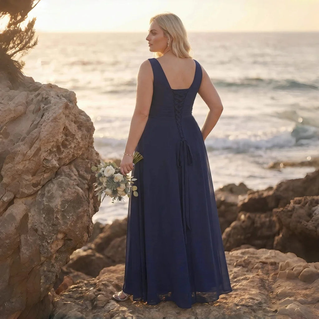 Newark Navy Blue Plus Size Chiffon Bridesmaid Sleeveless Deep V Neck Cross Ruched Dress