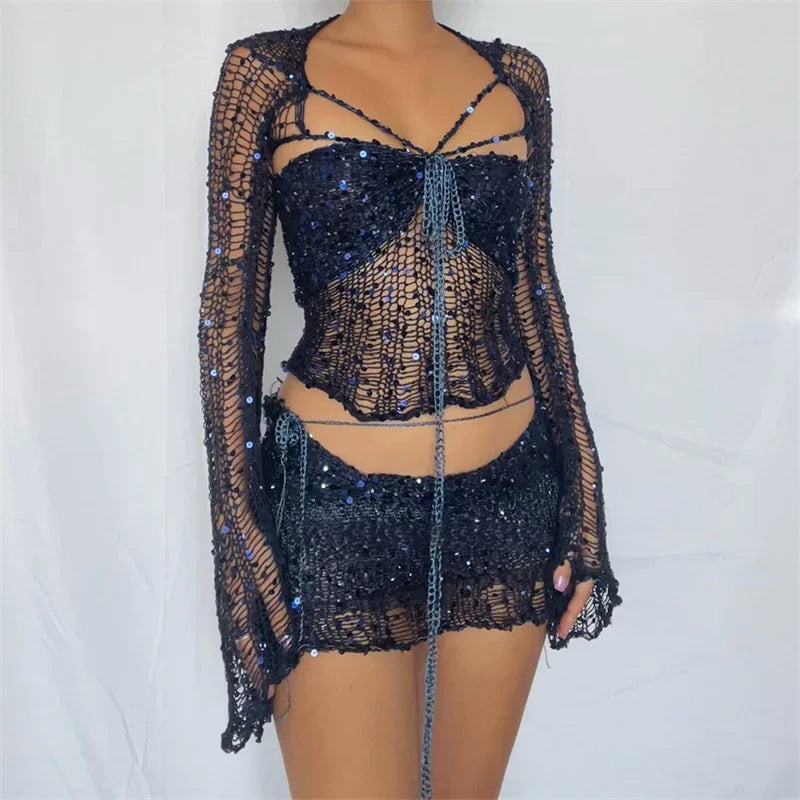 Ismel Glitter Sequins Knitted Two Piece Sets