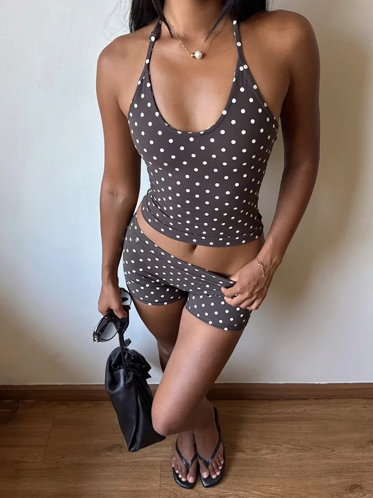 Wilky Polka Dot Halter Neck Yoga Two Piece Sets