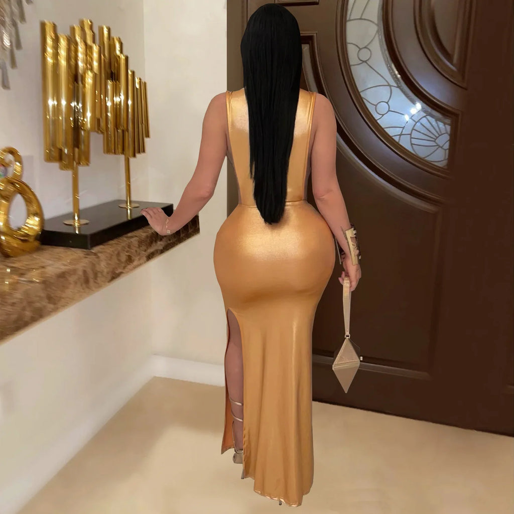 Hudson Square Side Split Ruched Sleeveless Waistless Silky Sexy Metal Button Ribbon Dress