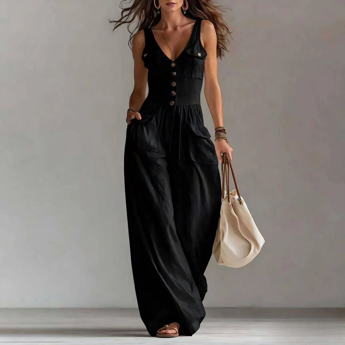 Women's Jumpsuit Featuring V-Neck, Button Decor, Wide-Leg Design and Pockets