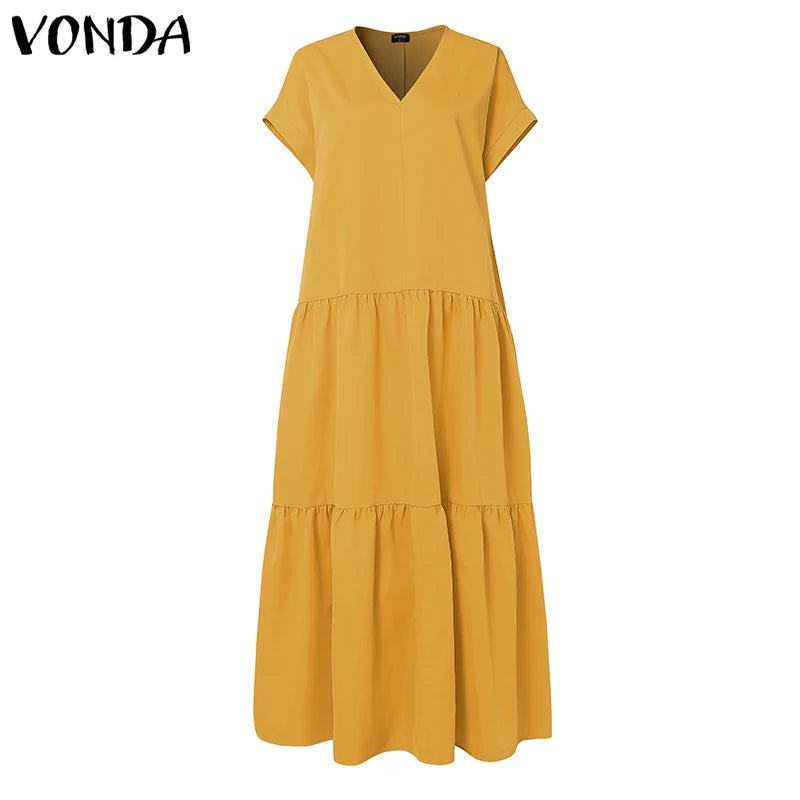 Plus Size Bohemian Sundress Solid Color Casual Short Sleeve Party Ruffled Dress