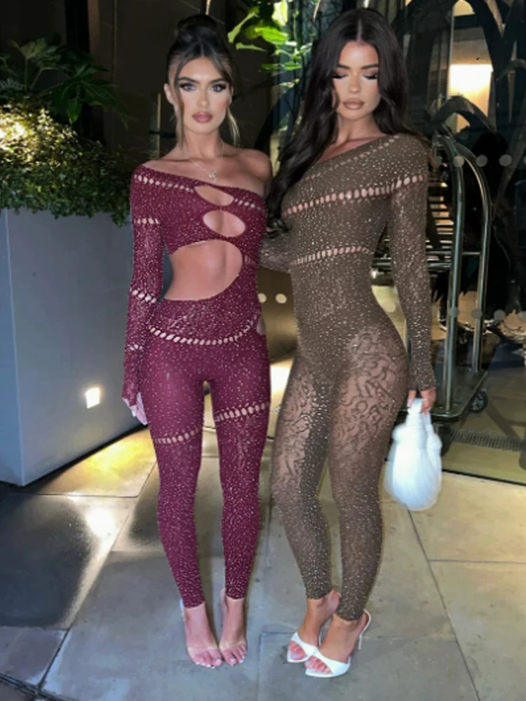 Darien Shine Rhinestones Irregular Hollow Skew Collar Single Sleeve Hottie Jumpsuit