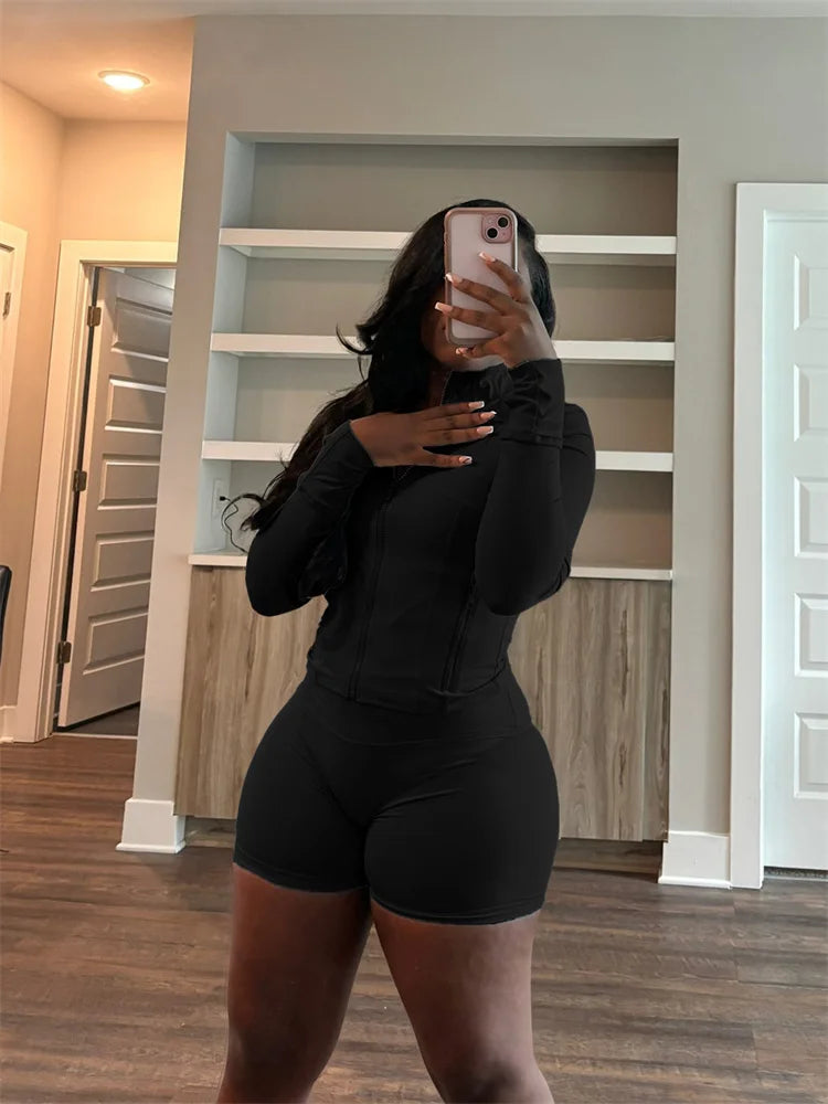 Olivia Fall Siold Bodycon Zipper Tracksuits Two Piece Sets