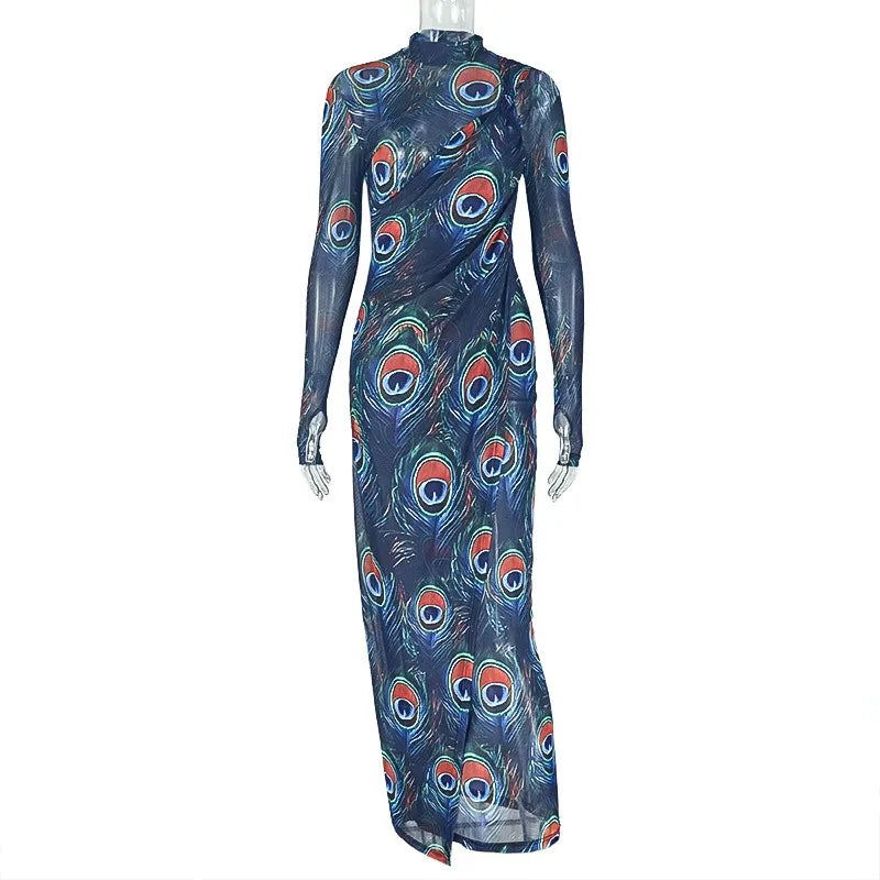 Canada Feathers Print Turtleneck Long Sleeve Hips Wrapped Long Dress