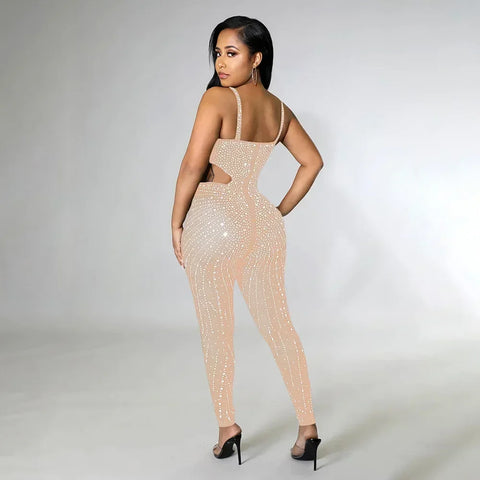 Gramercy Park Fashion Sexy Mesh Perspective Hot Drill Sleeveless Halter Jumpsuit