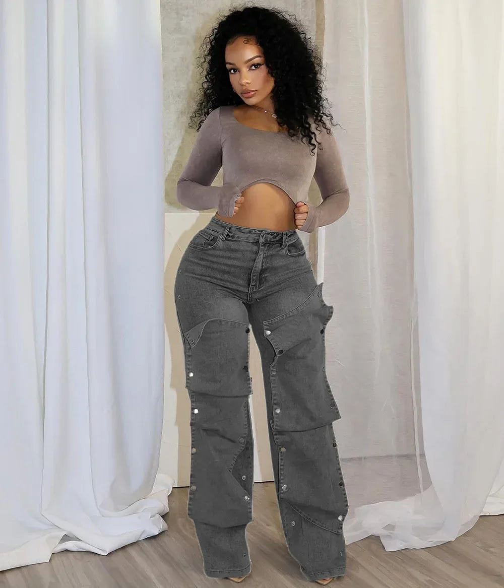 Goshen Cargo High Waist Elegant Streetwear Denim Straight Trousers