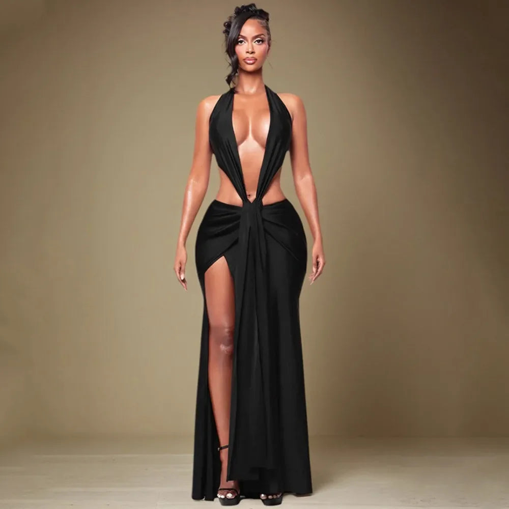 Ancram Hollow Backless Sexy Halter Deep V Neck Sleeveless Ruched Patchwork Dresses