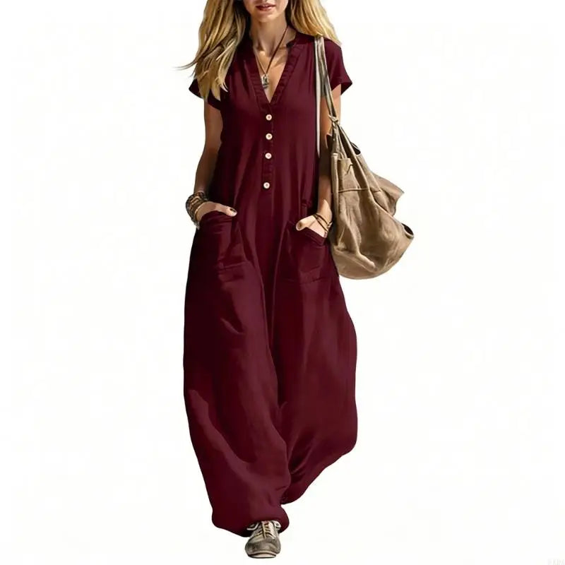 Jumpsuits for Women Linen Button Sleeve Jumpsuits Wide Leg V Neck Rompers Vacation Clothes with Pockets 6XDA